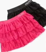 Fun, fancy, and sassy is this tiered lace ruffle skirt by Baby Phat.