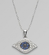 The iconic symbol of protection, in 14k white gold with black and white pavé diamonds and blue sapphires, on a white gold ball chain. Diamonds, 0.26, tcw Sapphires 14k white gold Chain length, about 16 Pendant width, about ½ Lobster clasp Imported