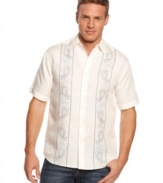 Classic guayabera style shirt by Cubavera with embroidery detail for cool casual style.