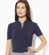 Rendered for easy, effortless movement in breathable cotton pique, the short-sleeved Lauren by Ralph Lauren polo shirt exudes modern, preppy style with bold gingham trim at the placket and collar.