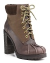 Lucky Brand's rugged booties get a ladylike boost from an elevated heel, shapely toe and lace-up construction.