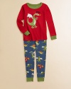 A fire-breathing dragon roars on the front of these cozy pajamas, guaranteed to inspire dreams of knights and castles and medieval adventures.Ribbed contrast crew necklineLong sleeves with contrast ribbed cuffsDragon-print elastic-waist bottoms with contrast ribbed cuffsCottonMachine washImported