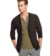 The perfect last layer. This striped cardigan from Sons of Intrigue breaks up a solid palette for cool contrast.