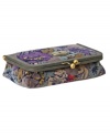 A vibrant floral print embellishes this lusciously smooth velvet cosmetic case with a retro-chic frame silhouette.