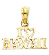 One of the most beautiful places on earth is now the subject of a beautiful keepsake! This 14 gold charm reads I (Heart) Hawaii with gleaming brilliance. Chain not included. Approximate drop length: 3/5 inch. Approximate drop width: 3/5 inch.