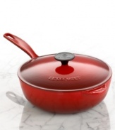 Thanks to its cast iron construction, sauces cook evenly and at the pace you want in this saucier. Achieve a quicker boil for reducing volume or provide a slow gentle simmer to cook. The wide, shallow shape with curved edges make stirring easier and more efficient. Holds 3 quarts. Lifetime limited warranty.