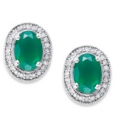 Make a sparkling impact with pretty studs. Set in sterling silver, an oval-cut green agate (1-3/8 ct. t.w.) glows against a halo of round-cut diamonds (1/6 ct. t.w.). Approximate length: 10-2/5 inch. Approximate width: 8-2/5 inch.