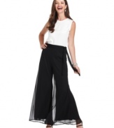 These evening pants from Onyx are effortlessly elegant with a wide, flare-leg silhouette and sheer chiffon overlay.