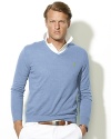 The epitome of preppy style, a handsome long-sleeved V-neck sweater is knit from plush cotton and cashmere yarns for a luxuriously soft hand.