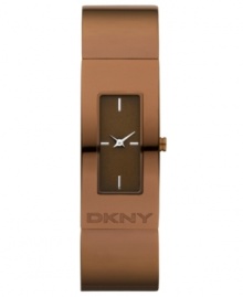 Slide on simple elegance with this streamlined creation from DKNY. Watch crafted of brown ion-plated stainless steel bracelet with logo and rectangular case. Brown dial features silver tone applied stick indices at three, six, nine and twelve o'clock and two hands. Quartz movement. Water resistant to 30 meters. Two-year limited warranty.