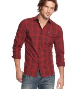 Heathering adds a soft touch to this preppy plaid shirt from Kenneth Cole New York. (Clearance)