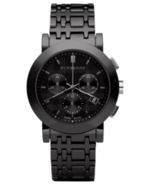 This Burberry watch features a black ceramic check bracelet an round black stainless steel case. Black chronograph dial with stick indices, logo, date window and three subdials. Swiss made. Quartz movement. Water resistant to 50 meters. Two-year limited warranty.