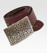 Cutting edge full leather strap belt with stain glass buckle and space dye thread accent.LeatherAbout 1½ wideImported