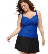 A flattering surplice neckline and plenty of elegant ruching create a sexy - and slimming - effect on Miraclesuit's plus size tankini top.