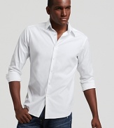 This handsome slim fit sport shirt is crafted with a touch of stretch, for an extra sleek silhouette.