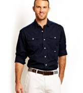 Steer your way to casual cool with this woven shirt from Nautica.