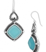 Liven your look with chic, colorful drops. Genevieve & Grace's sparkling style combines cushion-cut blue glass (11-5/8 ct. t.w.) with glittering marcasite edges. Set in sterling silver. Approximate drop length: 1-13/16 inches. Approximate drop width: 7/8 inch.