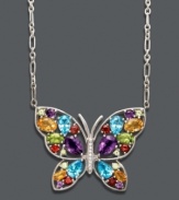 Take your look to new heights with this fluttering butterfly. Multistone pendant features amethyst (2-1/5 ct. t.w.), citrine (1-9/10 ct. t.w.), garnet (5/8 ct. t.w.), peridot (1-3/8 ct. t.w.) and Swiss blue topaz (3-1/2 ct. t.w.) with sparkling diamond accents. Setting and chain crafted in sterling silver. Approximate length: 18 inches. Approximate drop: 1-1/4 inches.