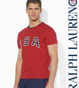 Celebrate the USA's participation in the 2012 Summer Olympics with vintage style in this old-school custom-fit ringer tee accented with a sewn USA and Polo patches.