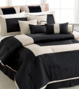 In a chic black and ivory palette, the Park Avenue comforter set offers a simple, but elite look for your bedroom. Smart solids are pieced together in different forms and decorative pillows draw in subtle designs and embellishments for just a hint of extra style.