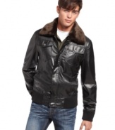 Take a ride into the danger zone in this top gun styled pleather jacket with fur collar from American Rag. (Clearance)