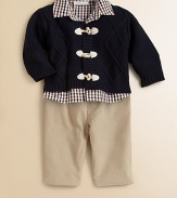 A cool set for the baby prep, featuring a check shirt, toggle sweater and cute corduroy pants. Shirt Point collarButton frontLong sleeves with button cuffsCurved hemPolyester Sweater V-neckToggle closureRibbed trim Pants Pull-on styleCottonMachine washImported Please note: Number of buttons may vary depending on size ordered. 