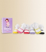 Six pairs of brightly colored Mary Jane socks with a ruffled lace cuff, packaged in a sweet gift box.80% cotton/17% acrylic/3% spandexMachine washImported