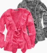 Wrap her in one of these very soft cardigans by Planet Gold with cascading ruffle lapel. Makes a great gift.