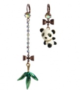 Cuddle up to these sweet pandas and their favorite snack. Betsey Johnson's mismatched earrings feature a black and white panda charm and green, textured bamboo leaves. Crafted in mixed metal with enamel, crystal and bow accents. Approximate drop: 3 inches and 1-1/3 inches.