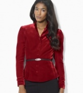 Lauren Ralph Lauren's luxuriously soft velvet construction makes this chic belted jacket as lovely to touch as it is to behold