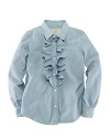 Inspired by the boys, this button-front chambray shirt gets a girlie makeover with a frilly ruffle trim along the front.