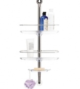 Get organized! This Steel Bar shower caddy from simplehuman features an adjustable tension pole that fits securely in almost any shower. Includes three shelves and one hanger (all adjustable to different heights) to hold your shower necessities includes shampoo, body wash, razor and so much more.