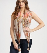 This square-shaped scarf features a gorgeous design in full bloom.Tassel detailsAbout 42 X 42SilkHand washImported