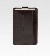 Clean and classic in stamped calfskin leather with an engraved metal clip. 4 X 7 Made in Italy 