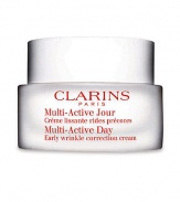 Early Correction. Continuous Protection. Visible Perfection. Multi-Active Day is the newest innovation from Clarins high performance skin care with new formulas and textures that prevent and visibly correct early signs of aging.Powerful and targeted early wrinkle control Reinforced and continuous antioxidant defense delivered directly to the skin Radiance boosting action Dermal-epidermal junction repair Dermatologist tested Non-comedogenic 1.7 oz. 