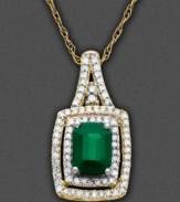 Go green with this beautiful 14k necklace, adorned with round-cut diamonds (1/4 ct. t.w.) and a cushion-cut emerald (1 ct. t.w.). Measures approximately 18 inches long with a 3/4-inch drop.