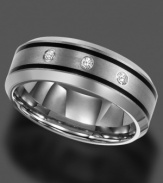 Sleek design with a modern edge. This tungsten ring by Triton features round-cut diamond (1/10 ct. t.w.). 8 mm band. Sizes 8-15.