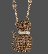 Friendly or fierce, asks Le Vian. This curious cat dangles proudly from a 14k gold chain and features all-over brilliant round-cut chocolate diamonds (7/8 ct. t.w.) with white diamond accents at collar. Approximate length: 18 inches. Approximate drop: 3/4 inch.