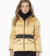 Lauren Ralph Lauren's modernized petite classic, the mockneck down jacket is given a chic belt for a slimming and stylish look.