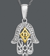 Intricate style and a touch of good luck. This symbolic hamsa pendant features a filigree and cut-out design accented by sparkling diamonds. Crafted in sterling silver with 14k gold accents. Approximate length: 18 inches. Approximate drop: 7/8 inch.