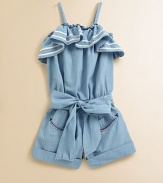 A nautical-inspired, lightweight denim romper features a pretty ruffled neckline, a belted sash at the waist and a cuffed hem.Straight elasticized neckline with ruffled trimSpaghetti strapsPull-on styleSmocked waistFront inseam pocketsBack welt pocketsCuffed hemCottonMachine washImported