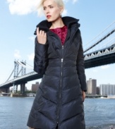 Double your style with Jessica Simpson's cozy puffer coat. The knit collar and inset vest panel give you an extra layer of defense against the cold.