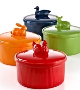 Character building. Bring your table to life with a quick splash of color topped off by a charming figural. An effortless way to make every meal more personal, this casserole is great looking and great for cooking, too, with an oven-to-table ceramic design, glazed non-porous exterior and dishwasher-safe promise. Lifetime warranty.