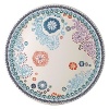 Sultana is a graphic and contemporary design in turquoise, orange, navy, and lavender inspired by laces of the Orient.