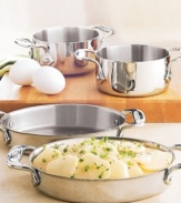 These bakers take your dishes from oven to tabletop with ease and style. Stainless steel with cast stainless steel handles. Set of two. Each baker is 7. Lifetime warranty.