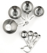 Make cooking count! This comprehensive set includes everything you need for precision in the kitchen. A set of 4 measuring spoons and 4 measuring cups with easy-to-read measurement markings and durable stainless steel constructions clear up any confusion in cooking.