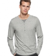 Fashion upgrade. Epaulets and tonal color contrasting takes your basic henley and makes it ready for a night out.