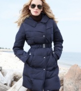 The master of minimalism, Calvin Klein, makes a classic puffer coat look elegantly edgy -- asymmetrical shoulder flaps and metal-buckle belt give this heavyweight warmer a modern touch.