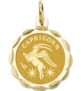 Tell everyone your sign in style! This scalloped and polished disc charm features the Capricorn Zodiac in 14k gold. Chain not included. Approximate length: 9/10 inch. Approximate width: 3/5 inch.