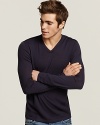 Slim fit v-neck sweater with unfinished seams for subtly rag-tag look.